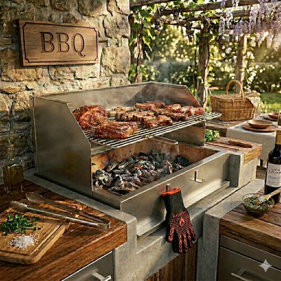 Gros plan sur la grille d'un grand barbecue inox à gaz installé sur une terrasse en bois avec salon de jardin