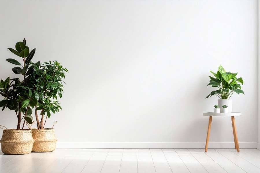Des plantes vertes dans des paniers en osier et une petite plante sur un guéridon, illustrant un entretien réussi dans un intérieur minimaliste.
