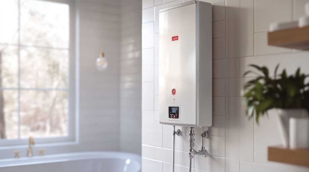 Une chaudière murale installée dans une pièce carrelée, un équipement central d'un comparatif chauffage gaz ou électrique