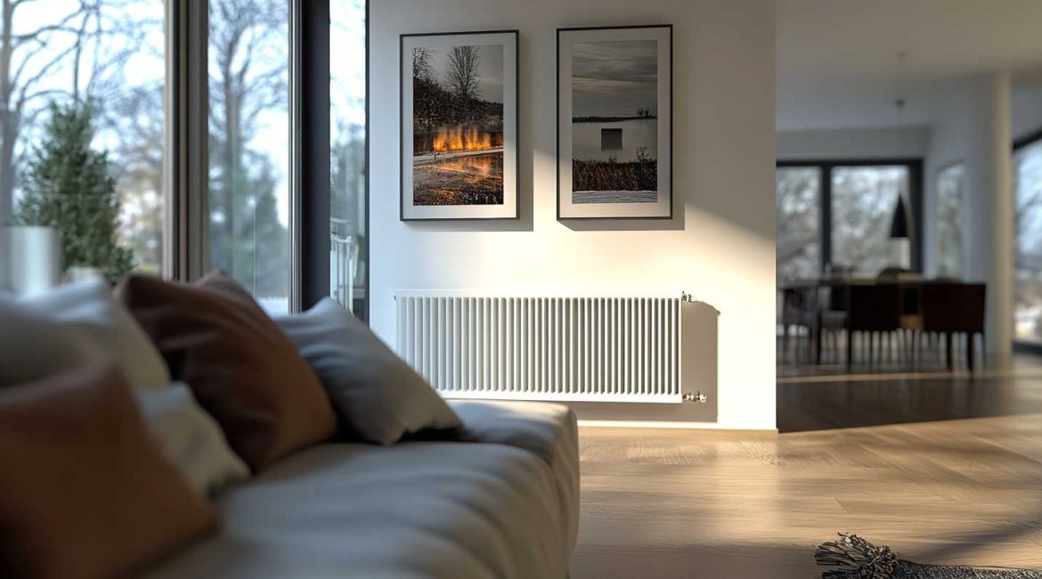 Un radiateur moderne installé dans un salon lumineux, illustrant les options d'un comparatif chauffage gaz ou électrique.